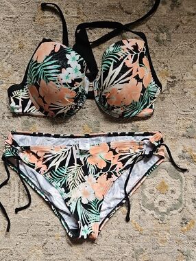 Lascana Venus Floral Bikini Bottoms - Peach & Mint on Black